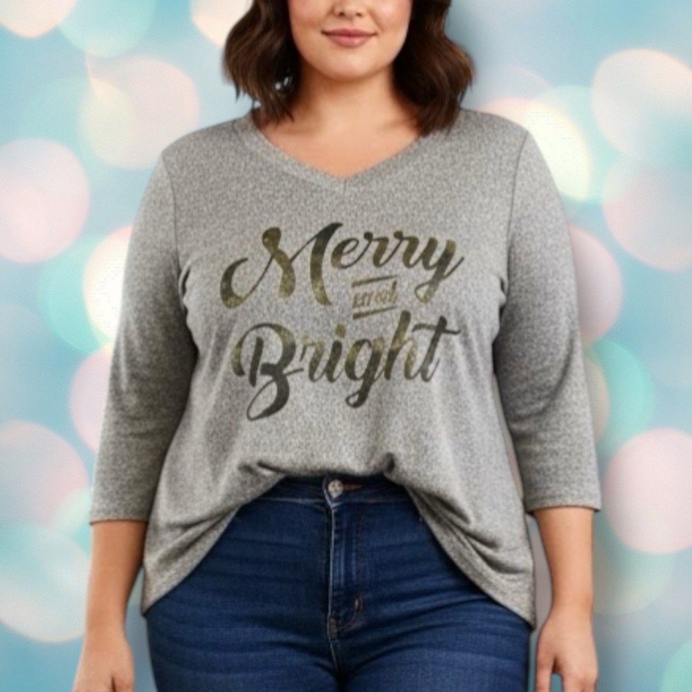SJS Women’s Plus Size Christmas “Merry & Bright” Brown Gray Long Sleeve Shirt 2X